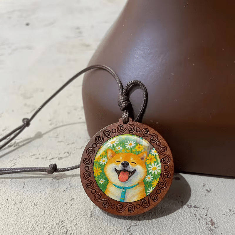 Shiba Inu Necklace with Wood Beads, Adjustable Cord